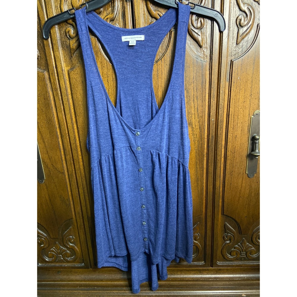 American Eagle Blue Racerback Babydoll Tank Top Button Front High Low Hem Medium